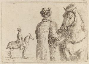 Poolse bediende die het hoofdstel van een paard vasthoudt door Stefano della Bella