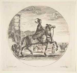 Poolse ruiter in profiel naar rechts, een toren en andere figuren op paarden op de achtergrond door Stefano della Bella