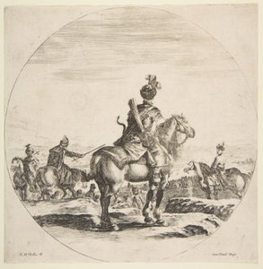 Poolse ruiter met boog en pijl, gezien van achteren met zijn paard naar rechts gericht, een..., ca. 1651 door Stefano della Bella