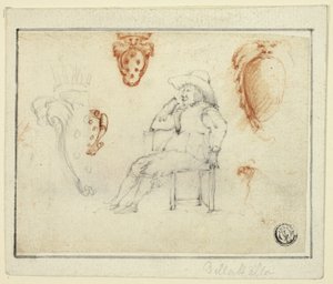 Schetsen van zittende man, Medici wapenschilden door Stefano della Bella