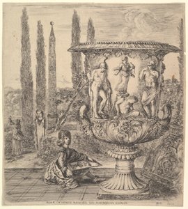 De Medici vaas, een grote vaas naar rechts versierd met een voorstelling van het offer, 1656 door Stefano della Bella