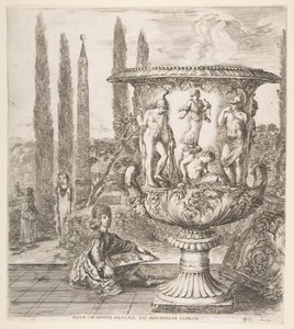 De Medici vaas, een grote vaas rechts versierd met een voorstelling van het offer door Stefano della Bella