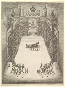 Theater in Modena, gezien van boven en gevuld met toeschouwers, met een triomfwagen in het midden door Stefano della Bella
