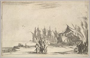 Drie mannen met hoeden in het midden, mannen die een schip repareren rechts, vijf schepen en verschillende door Stefano della Bella