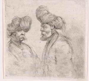 Twee Turkse mannen met snorren en tulbanden door Stefano della Bella