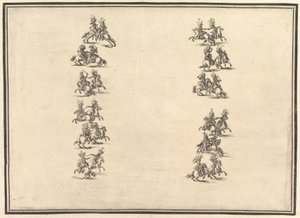 Vierentwintig ruiters duelleren en vormen twee kolommen, uit La Gara delle Stagioni, 1652 door Stefano della Bella