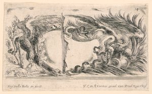 Twee helften van wapenschilden, nr. 14 uit "Raccolta di varii cappriccii et nove inventioni di cartelle et ornamenti" door Stefano della Bella