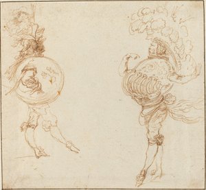 Twee mannen in gemaskerde kostuums: De aarde en een paradehelm, c. 1645 door Stefano della Bella