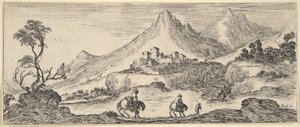 Twee ruiters dalen een heuvel af in het midden, volgend op een andere man te voet, een kasteel in de verte, ca. 1641 door Stefano della Bella