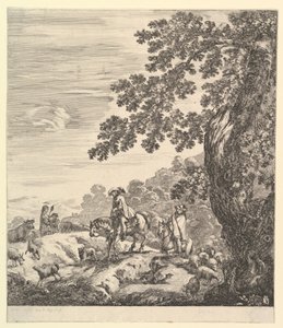 Twee ruiters passeren een kudde, rijdend naar links, een boerin en een jonge jongen, circa 1656