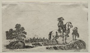 Verschillende figuren en landschappen: Een verdwaalde ruiter vraagt de weg door Stefano della Bella
