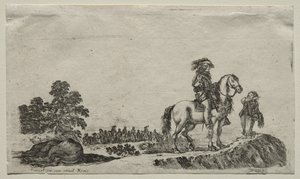 Verschillende figuren en landschappen: Een verloren ruiter vraagt de weg, 1649 door Stefano della Bella