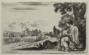 Verschillende Figuren en Landschappen: Een Arme Verpleegster Zittend onder een Boom door Stefano della Bella