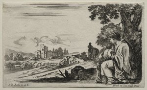 Verschillende figuren en landschappen: Een arme verpleegster zittend onder een boom, 1649