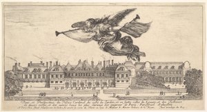 Uitzicht op het Palais Cardinal, de figuur van Faam in het midden bovenaan vliegend naar links