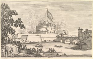 Uitzicht op de Tiber rivier, een grote boom links, twee groepen vrouwen links op de voorgrond door Stefano della Bella