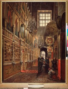 Een kerkdienst in de Kathedraal van de Aankondiging in het Kremlin van Moskou door Stepan Mikhailovich Shukhvostov