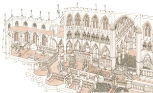 De kooromgang van Westminster Abbey ten tijde van de kroning van koning Hendrik IV in 1399, 2023 (inkt en aquarel) door Stephen Conlin