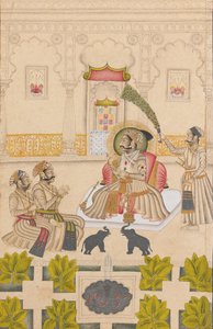 Maharana Amar Singh II toont twee zilveren olifanten, ca. 1705 door Stipple Master