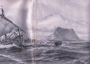 Duitse onderzeeër die door de Straat van Gibraltar reist op weg naar de Dardanellen, uit De Geïllustreerde Geschiedenis van de Wereldoorlog 1914-1915 uitgegeven door Union Berlagsefellfchaft
