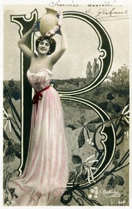 B: Bianca Toledo, artiest, zanger en Sevillaanse danseres uit de Belle Epoque - Casino de Paris, Folies Bergere, Jardin de Paris - alfabet in ansichtkaart door Studio Reutlinger