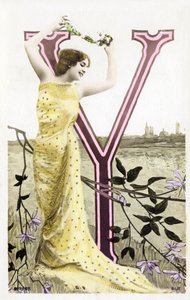 Y: Bianca Toledo, artiest, zanger en Sevillaanse danseres uit de Belle Epoque - Casino de Paris, Folies Bergere - alfabet in ansichtkaart door Studio Reutlinger