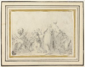 Genrescène met oude man, boerinnen en kinderen door Style of Jean Baptiste Greuze
