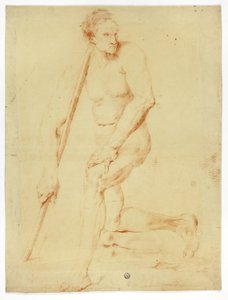 Academisch mannelijk naakt leunend op staf door Style of Pompeo Girolamo Batoni