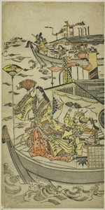 Lady Tamamushi die een waaierschijf omhoog houdt