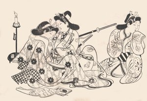 Samurai en courtisane zittend, een dienaar naast hen