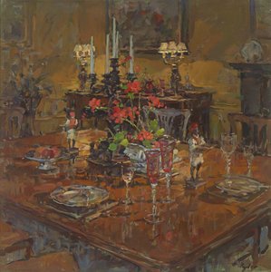 Eetkamer met geraniums door Susan Ryder