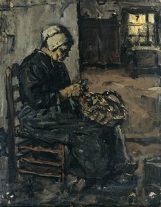 Boerin die aardappelen schilt