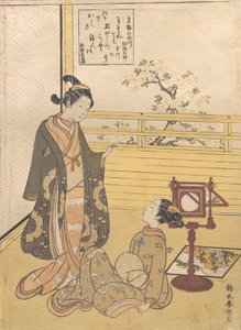 Een Tienerjongen en Meisje met een Kijkscherm voor een Optiekafbeelding Nozoki-karakuri, Kobo Da... door Suzuki Harunobu