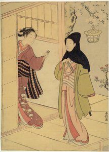 Een Avondbezoek (Een Parodie op Junidan Soshi) door Suzuki Harunobu
