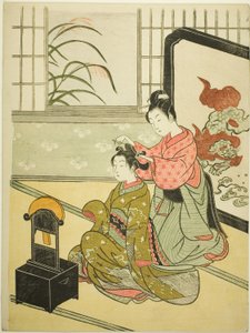 Herfstmaan in de spiegel, uit de serie "Acht gezichten van de salon" door Suzuki Harunobu