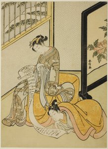 Koppel leest een brief door Suzuki Harunobu