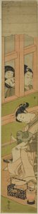 Courtisane Schrijft een Brief terwijl Twee Mannen door een Raamrooster Kijken door Suzuki Harunobu