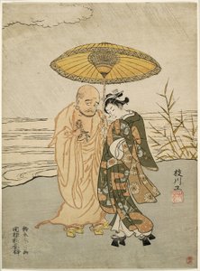 Daruma en een jonge vrouw in de regen door Suzuki Harunobu