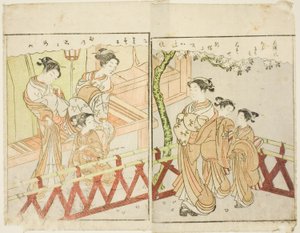 Dubbelpagina illustratie uit Vol. 2 van "Prentenboek van Lente Brokaten (Ehon haru no nishiki)" door Suzuki Harunobu