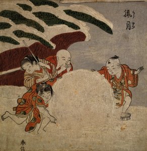Vier jongens maken een sneeuwbal, c.1768 door Suzuki Harunobu