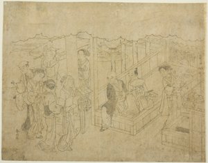 Sleutelblokdruk voor De introductie (Miai), het eerste blad uit de serie "Huwelijk in brokaatprenten, de koets van de deugdzame vrouw (Konrei nishiki misao-guruma)" door Suzuki Harunobu
