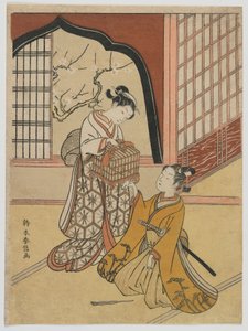 Liefhebbers met een vogelkooi, Edo-periode, ca.1766-67 door Suzuki Harunobu
