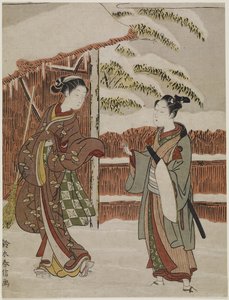 Mitate van een scène uit het Kabuki-stuk Vrouwenversie van Ptted Trees, c. 1768 door Suzuki Harunobu