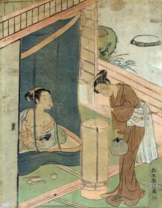 Moeder en kind achter muskietennet door Harunobu Suzuki