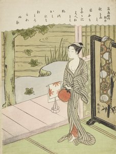 Gedicht door Fujiwara no Toshiyuki, uit een ongetitelde serie van Zesendertig Onsterfelijke Dichters, ca. 1767-68 door Suzuki Harunobu
