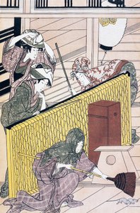 Dienaar die muizen jaagt in huis, ukiyo-e kunstdruk door Suzuki Harunobu (1725-1770), Japanse beschaving, Edo-periode door Suzuki Harunobu