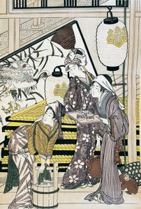 Dienaren aan het werk thuis, ukiyo-e kunstafdruk door Suzuki Harunobu, houtsnede, Japanse beschaving, Edo-periode door Suzuki Harunobu