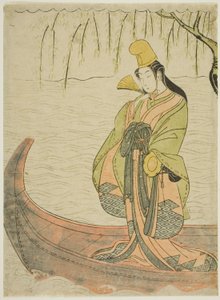Shirabyoshi-danseres staand in Asazuma-boot door Suzuki Harunobu