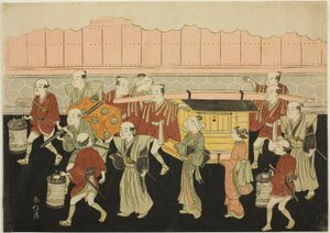 De bruid rijdt in de draagstoel naar het huis van haar man (Koshi-iri), het derde blad uit de serie "Huwelijk in brokaatdrukken, het rijtuig van de deugdzame vrouw (Konrei nishiki misao-guruma)".
