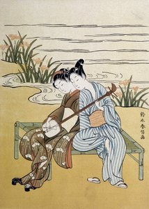 De shamisen: koppel speelt shamisen - door Harunobou, in 